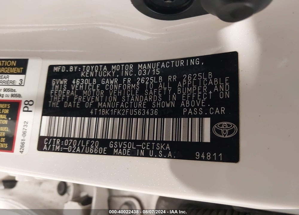 2015 TOYOTA CAMRY VIN: 4T1BK1FK2FU563436