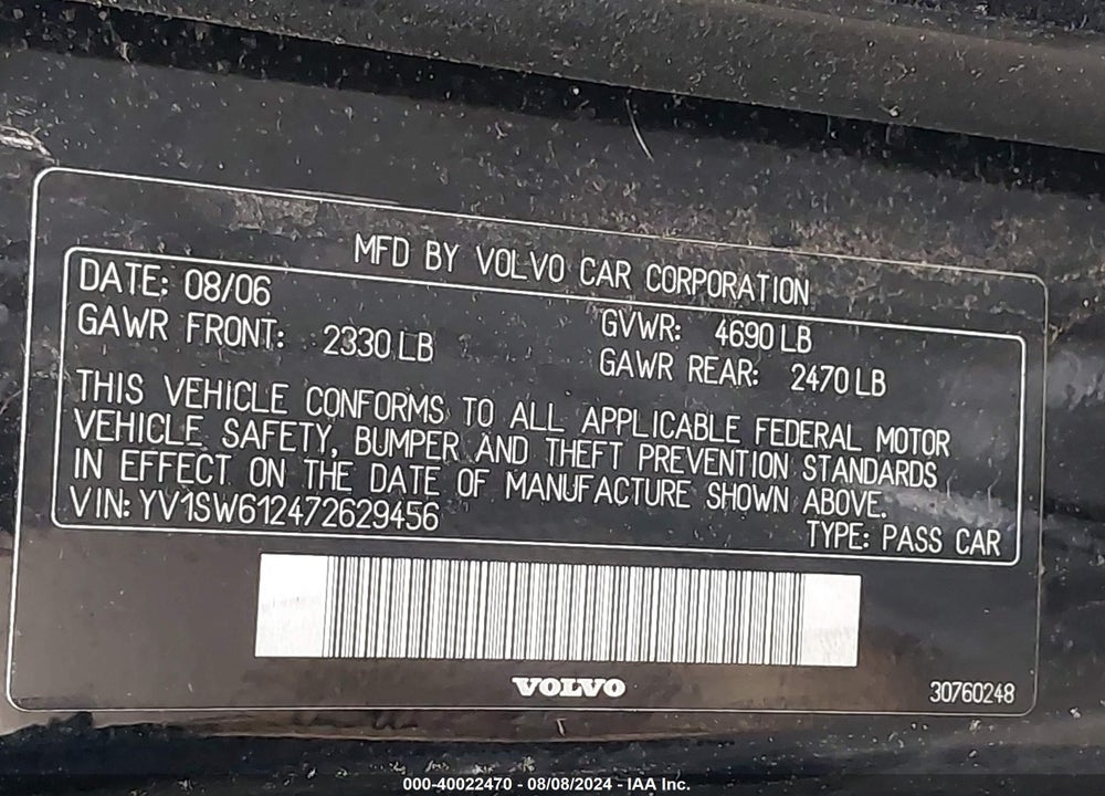 2007 VOLVO V70 2.4 VIN: YV1SW612472629456