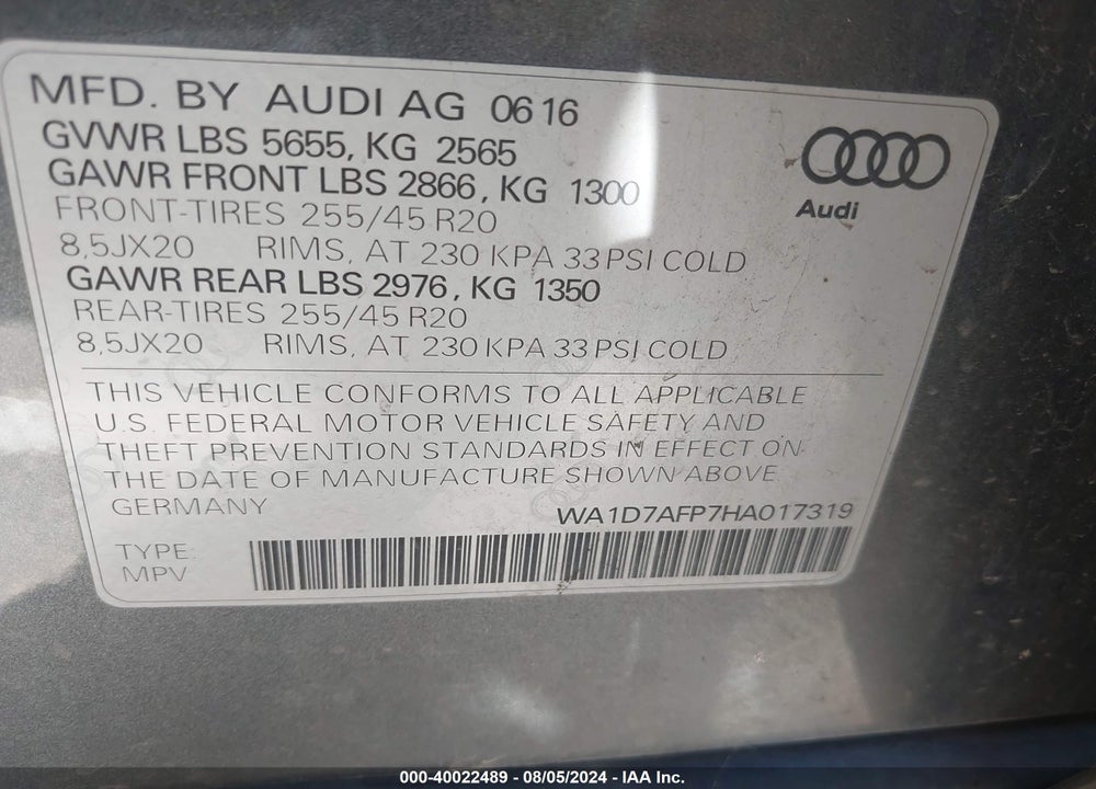 2017 AUDI Q5 3.0T PREMIUM PLUS VIN: WA1D7AFP7HA017319