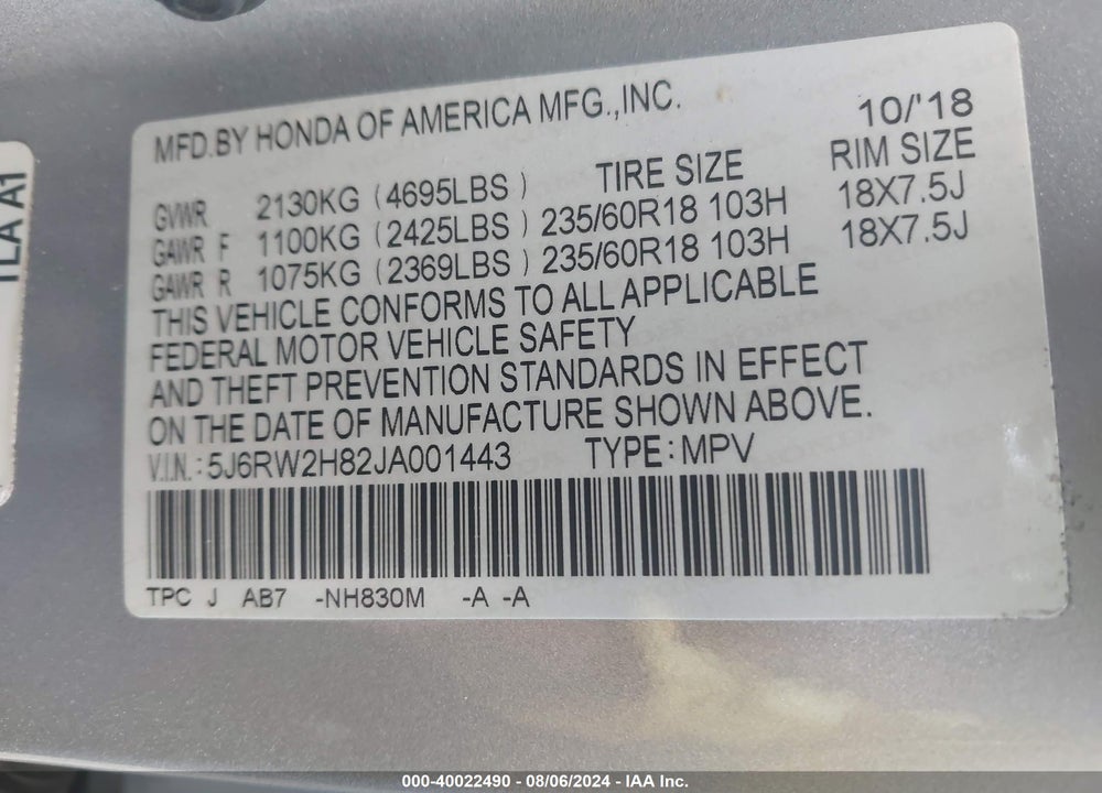 2018 HONDA CR-V EX-L/EX-L NAVI VIN: 5J6RW2H82JA001443
