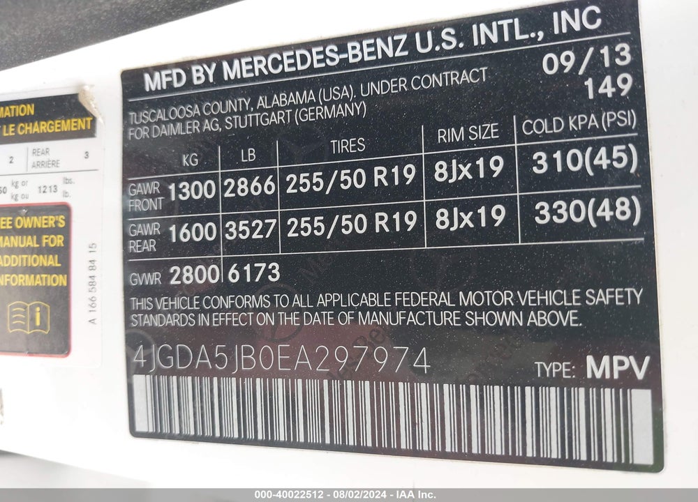 2014 MERCEDES-BENZ ML 350 VIN: 4JGDA5JB0EA297974