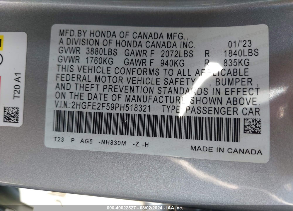 2023 HONDA CIVIC SPORT VIN: 2HGFE2F59PH518321