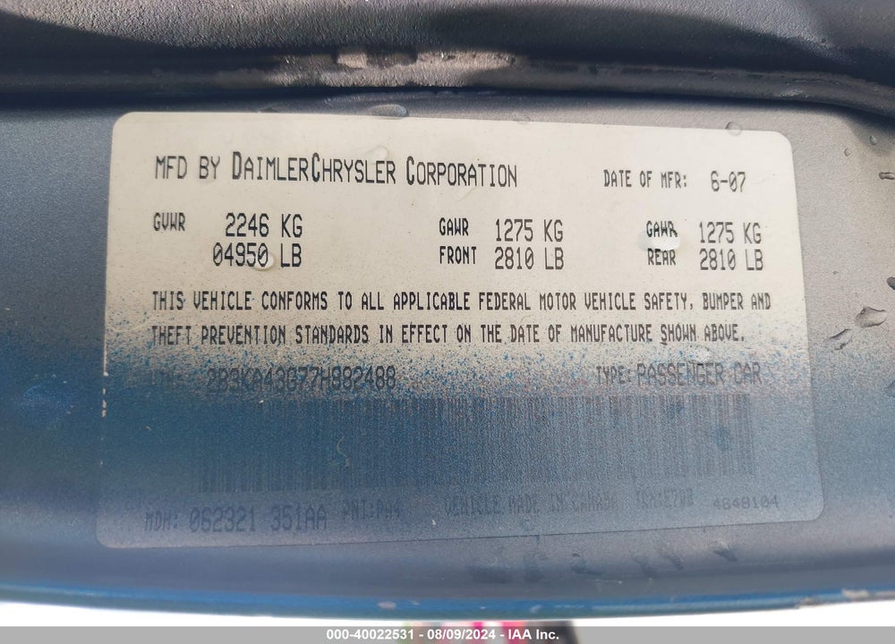 2007 DODGE CHARGER VIN: 2B3KA43G77H882488