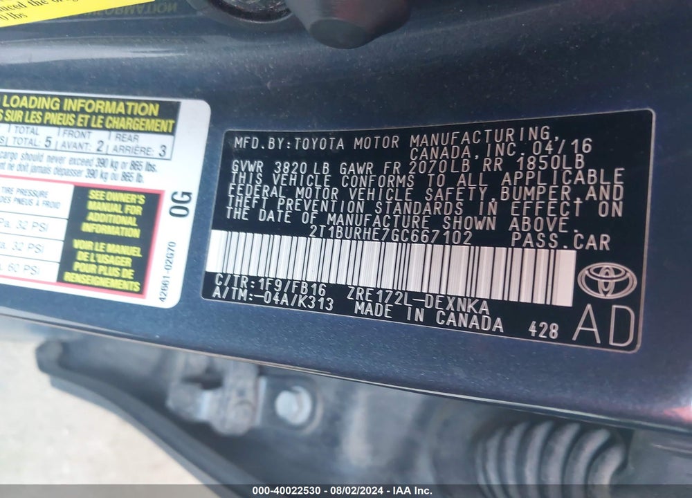 2016 TOYOTA COROLLA LE VIN: 2T1BURHE7GC667102