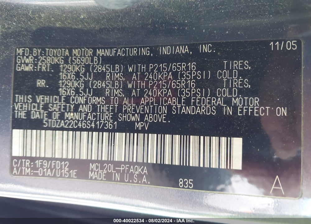 2006 TOYOTA SIENNA XLE VIN: 5TDZA22C46S417361