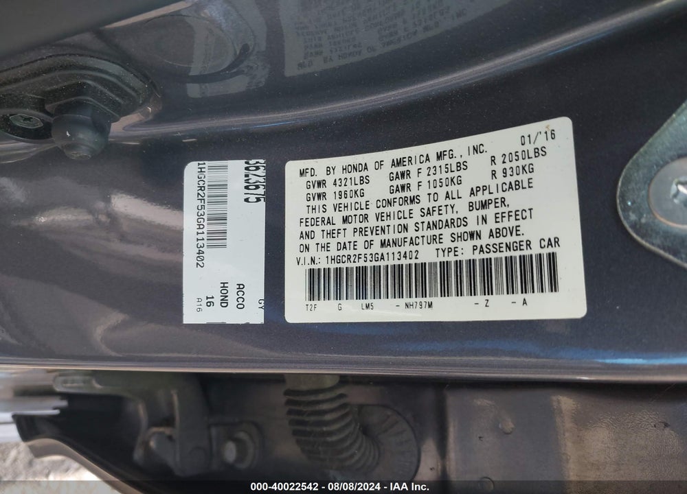 2016 HONDA ACCORD SPORT VIN: 1HGCR2F53GA113402