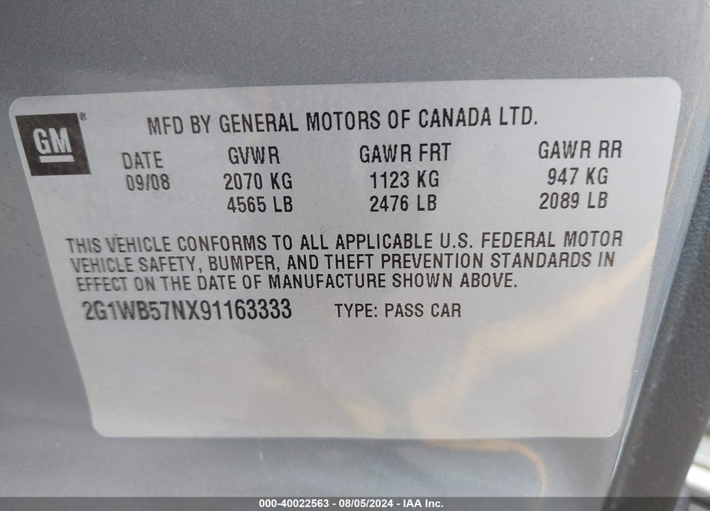 2009 CHEVROLET IMPALA LS VIN: 2G1WB57NX91163333