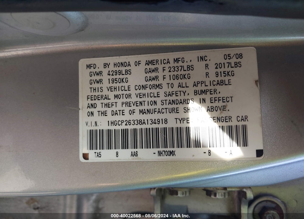 2008 HONDA ACCORD 2.4 LX VIN: 1HGCP26338A134918