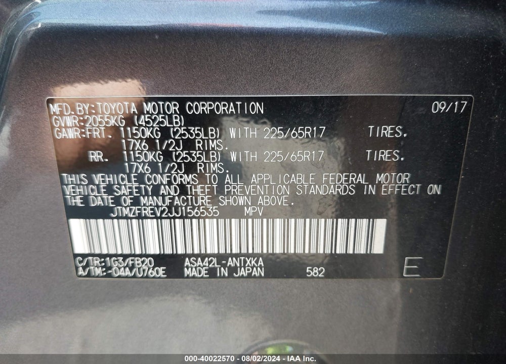 2018 TOYOTA RAV4 LE VIN: JTMZFREV2JJ156535