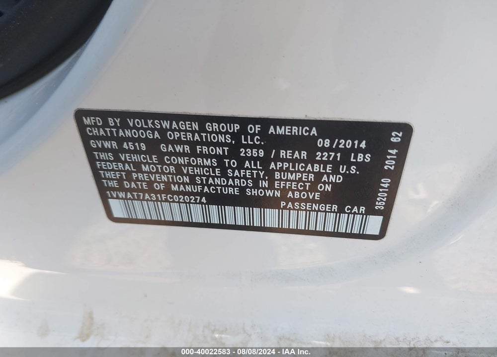 2015 VOLKSWAGEN PASSAT 1.8T WOLFSBURG EDITION VIN: 1VWAT7A31FC020274