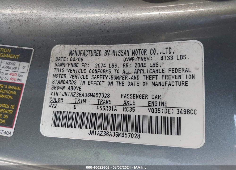 2006 NISSAN 350Z ENTHUSIAST VIN: JN1AZ36A36M457028
