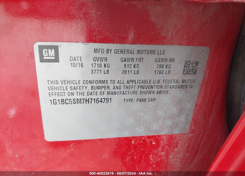 2017 CHEVROLET CRUZE VIN: 1G1BC5SM7H7164791