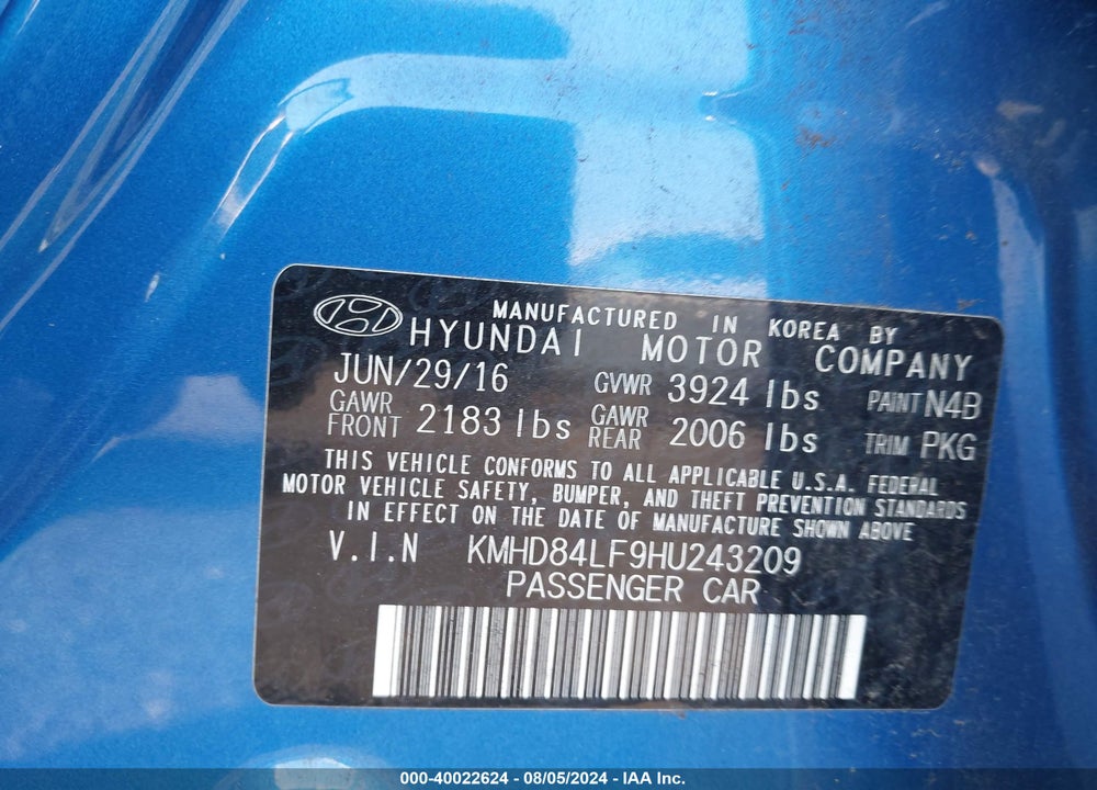 2017 HYUNDAI ELANTRA SE VIN: KMHD84LF9HU243209