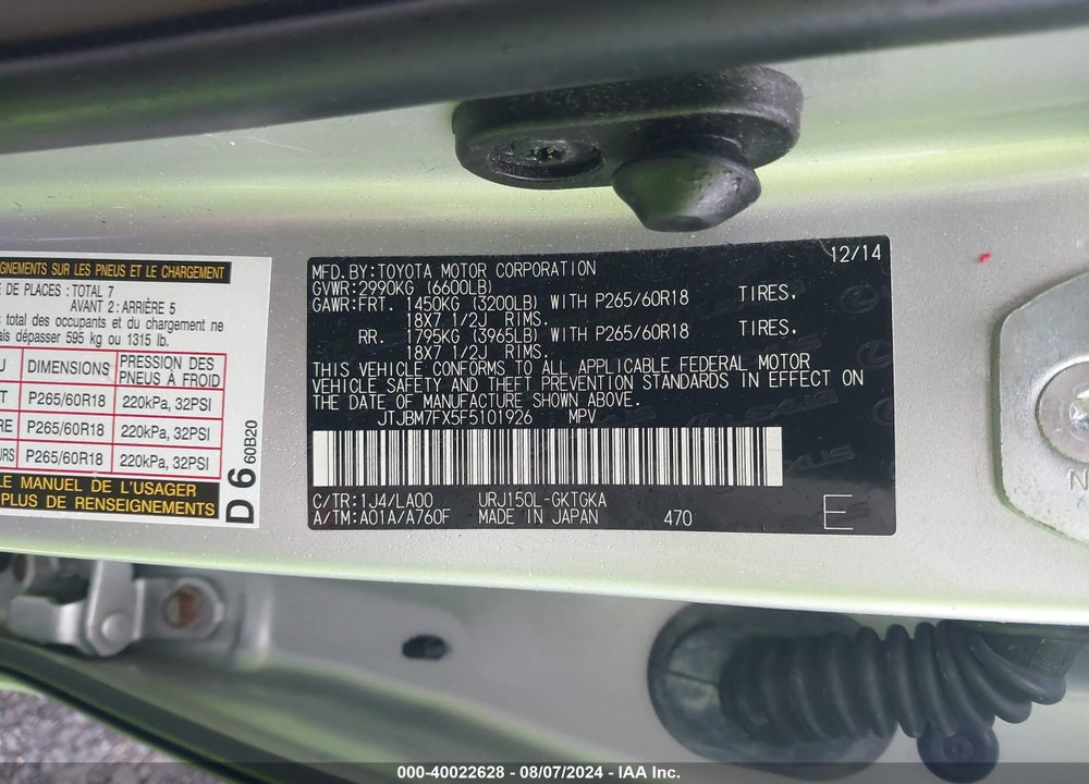 2015 LEXUS 460 VIN: JTJBM7FX5F5101926