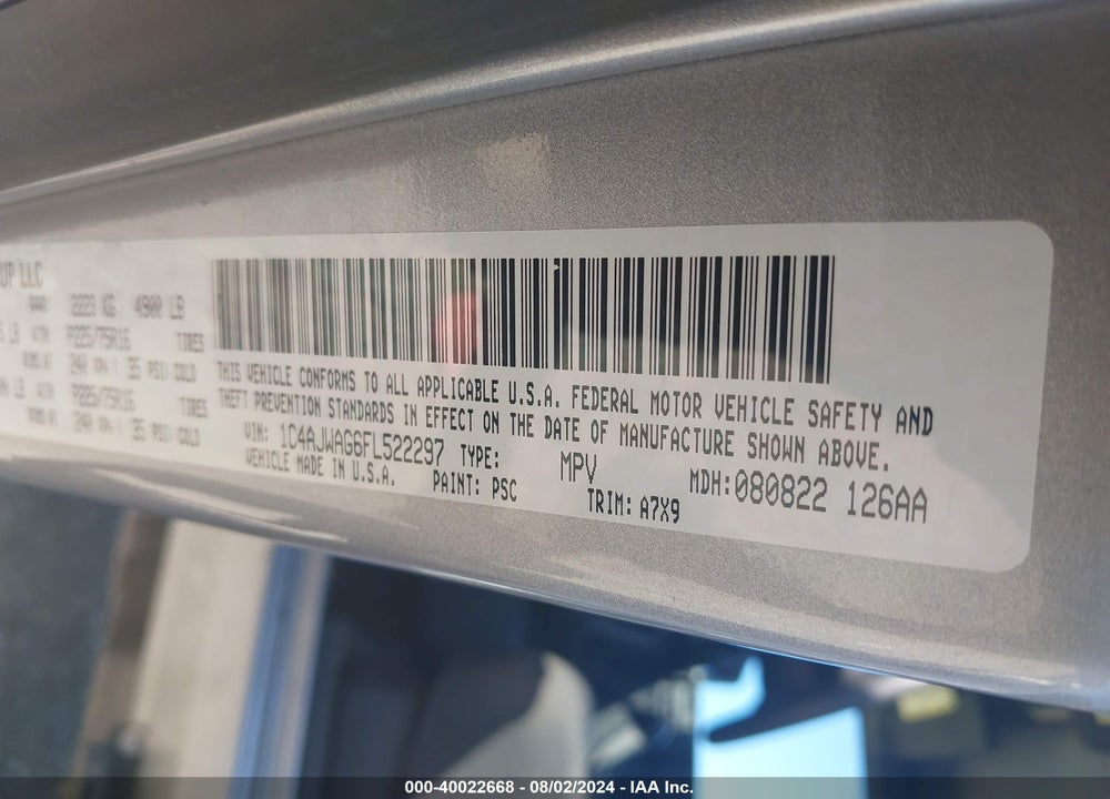 2015 JEEP WRANGLER SPORT VIN: 1C4AJWAG6FL522297