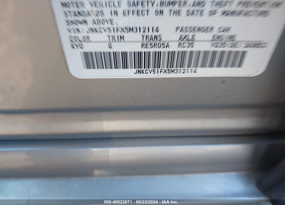 2005 INFINITI G35X VIN: JNKCV51FX5M312114