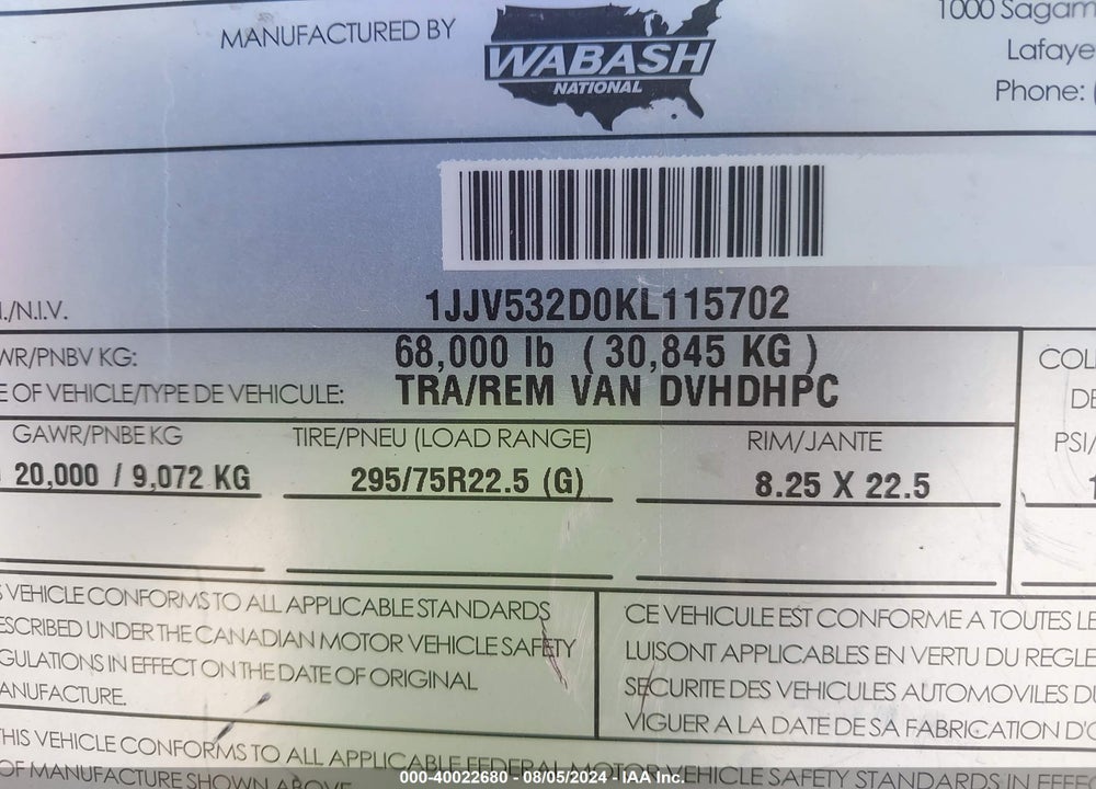 2019 WABASH NATIONAL CORP --- VIN: 1JJV532D0KL115702