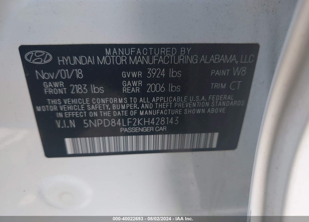 2019 HYUNDAI ELANTRA SEL VIN: 5NPD84LF2KH428143