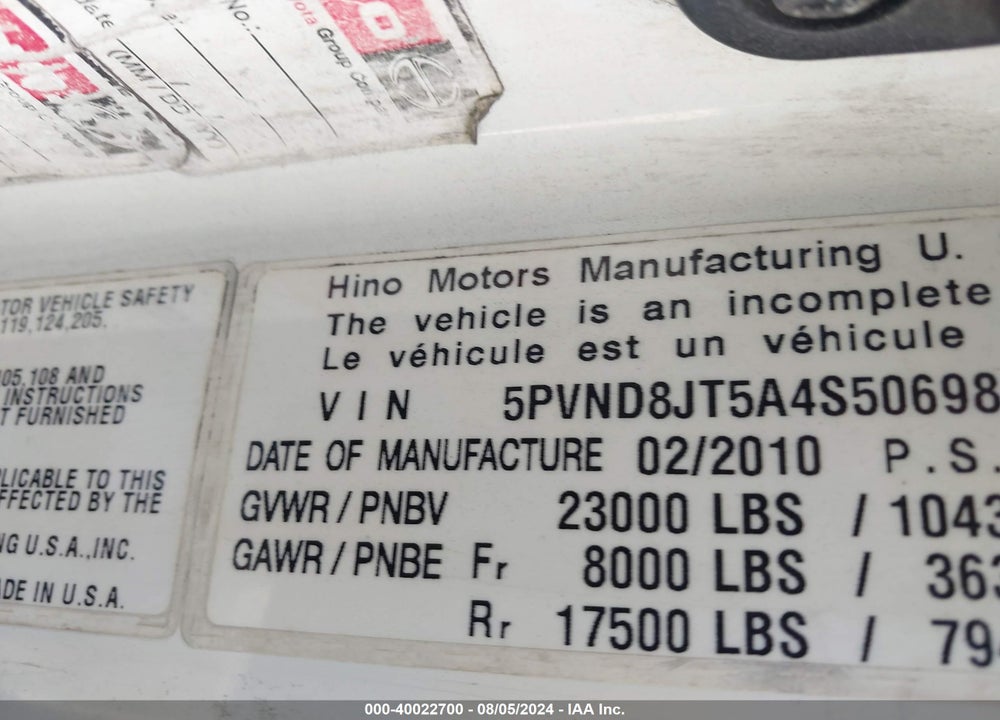2010 HINO 258 VIN: 5PVND8JT5A4S50698