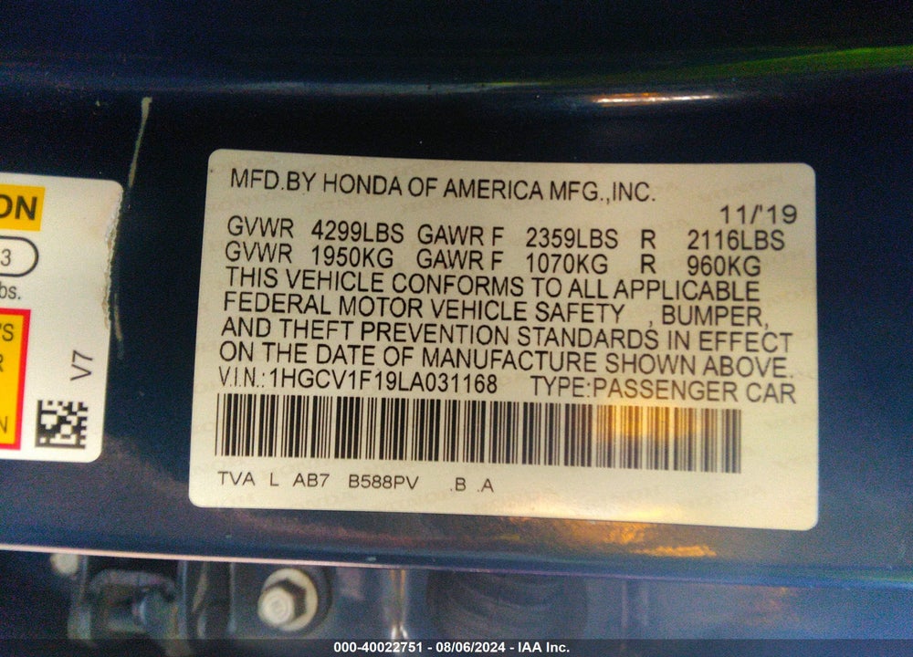 2020 HONDA ACCORD LX VIN: 1HGCV1F19LA031168