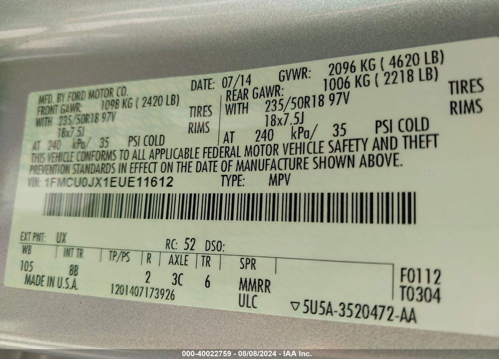2014 FORD ESCAPE TITANIUM VIN: 1FMCU0JX1EUE11612
