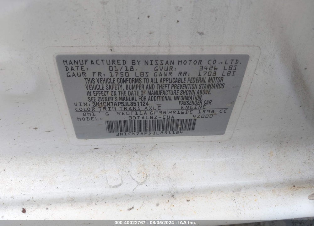 2018 NISSAN VERSA 1.6 SV VIN: 3N1CN7AP5JL851124