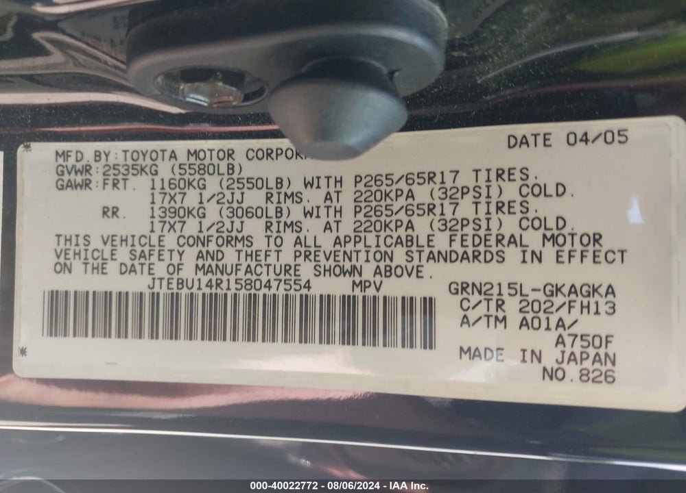 2005 TOYOTA 4RUNNER SR5 SPORT V6 VIN: JTEBU14R158047554