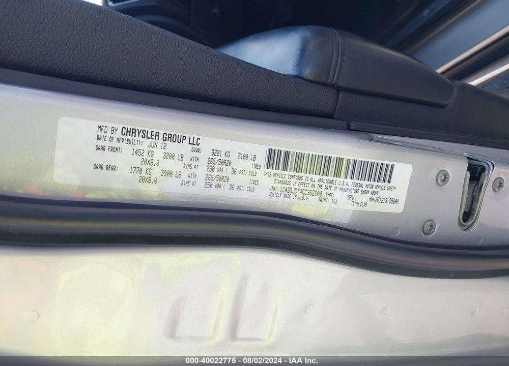 2012 DODGE DURANGO CREW VIN: 1C4SDJDT4CC362200