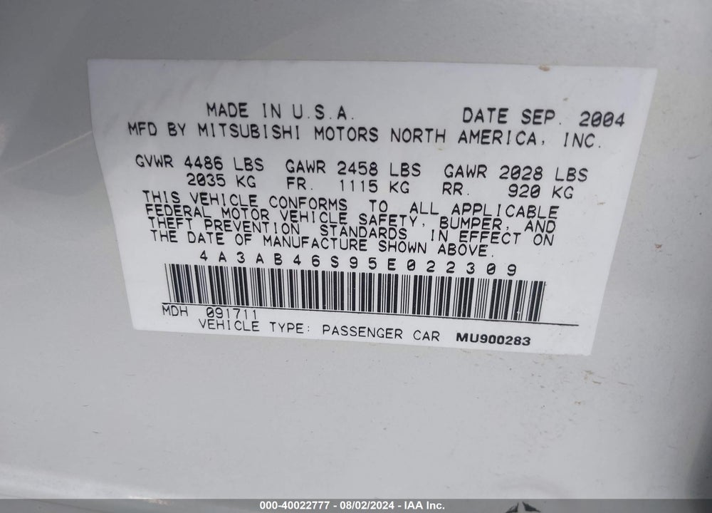 2005 MITSUBISHI GALANT LS VIN: 4A3AB46S95E022309