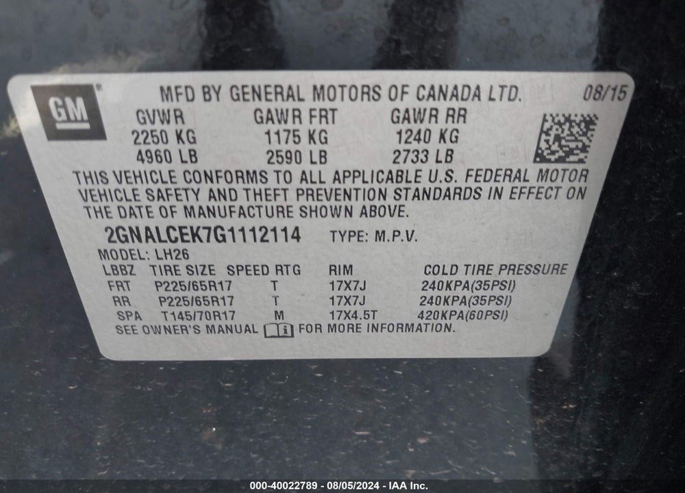2016 CHEVROLET EQUINOX LT VIN: 2GNALCEK7G1112114