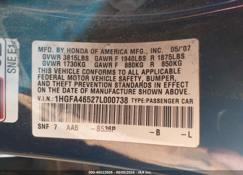 2007 HONDA CIVIC GX VIN: 1HGFA46527L000738