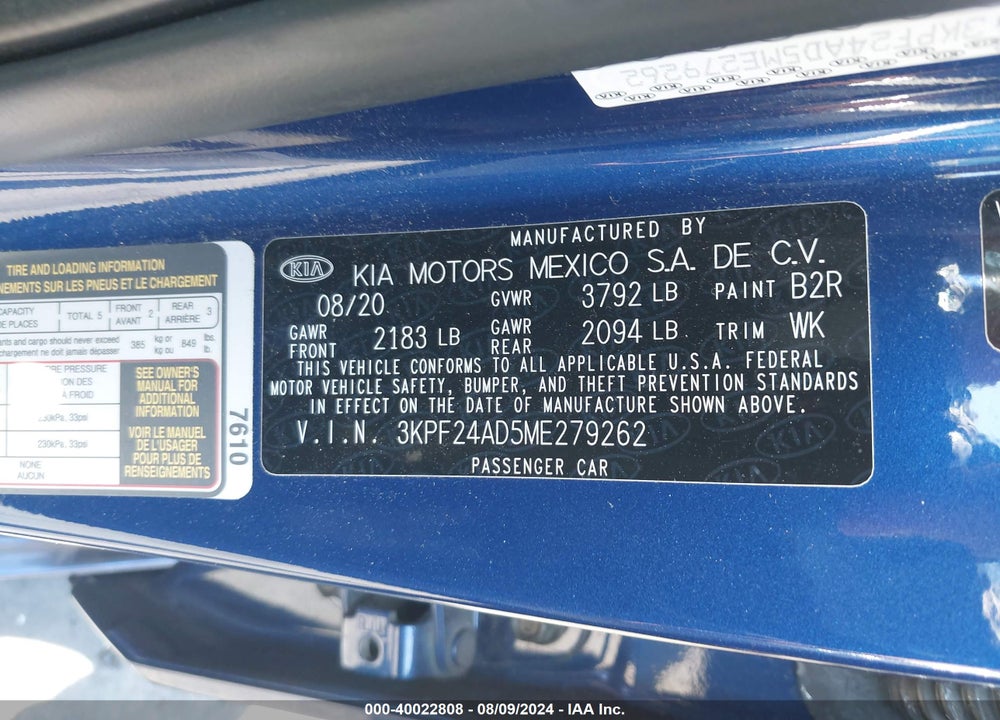 2021 KIA FORTE LXS VIN: 3KPF24AD5ME279262