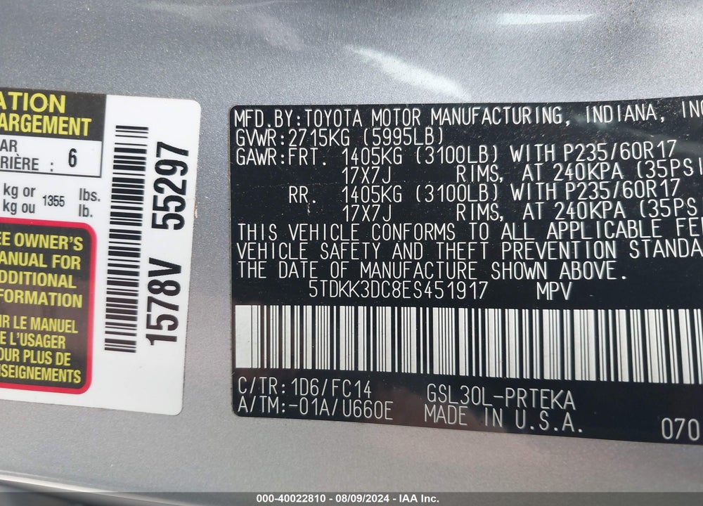 2014 TOYOTA SIENNA LE V6 7 PASSENGER AUTO ACCESS SEAT/LE V6 7 PASSENGER MOBILITY/LE V6 8 PASSENGER VIN: 5TDKK3DC8ES451917