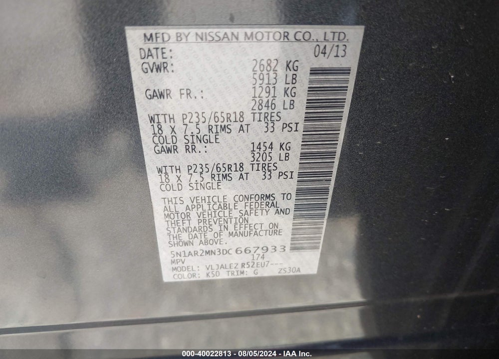 2013 NISSAN PATHFINDER SV VIN: 5N1AR2MN3DC667933