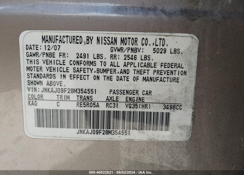 2008 INFINITI EX35 JOURNEY VIN: JNKAJ09F28M354551
