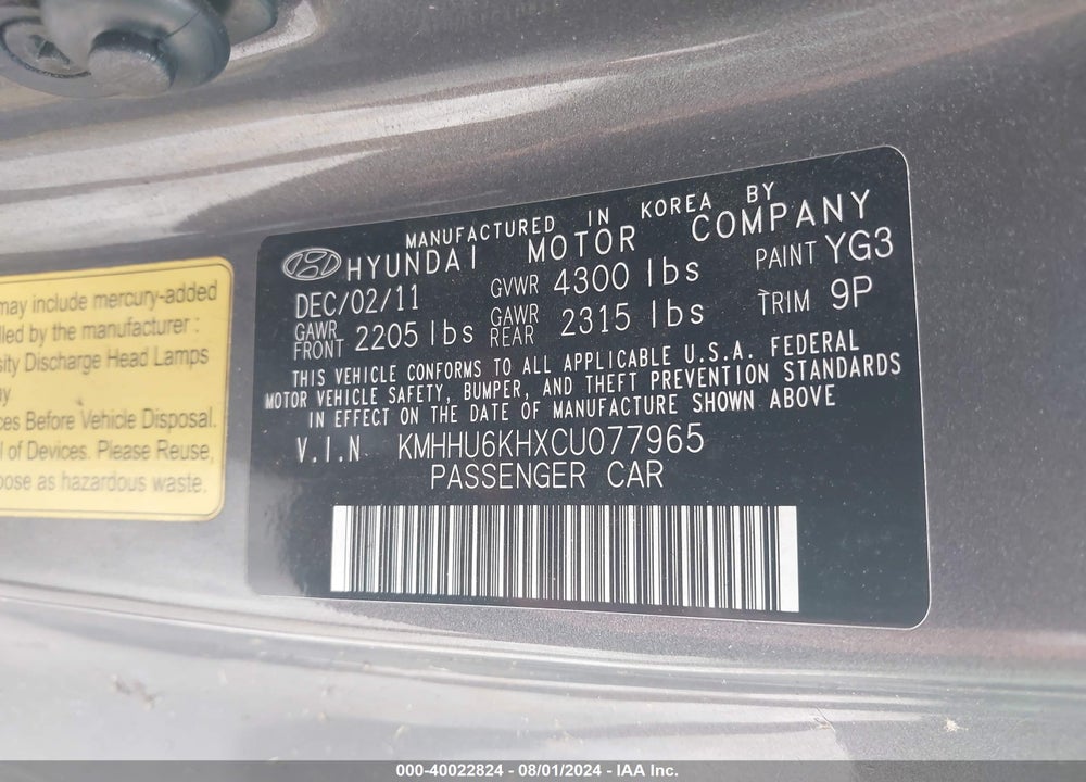 2012 HYUNDAI GENESIS 3.8 GRAND TOURING VIN: KMHHU6KHXCU077965