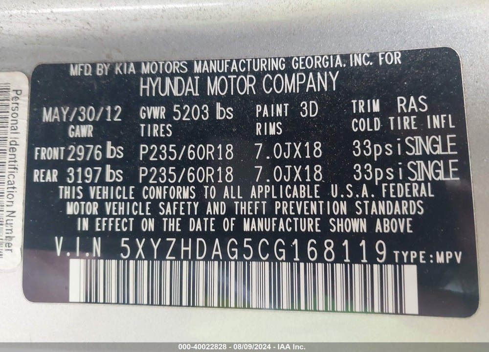 2012 HYUNDAI SANTA FE SE VIN: 5XYZHDAG5CG168119