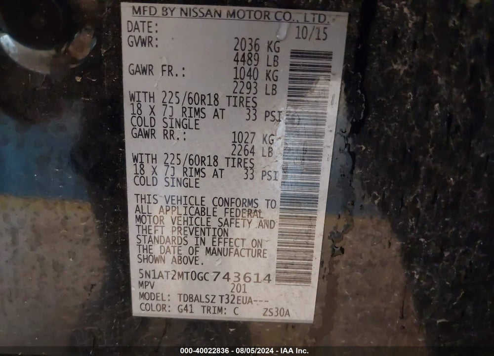 2016 NISSAN ROGUE SL VIN: 5N1AT2MT0GC743614