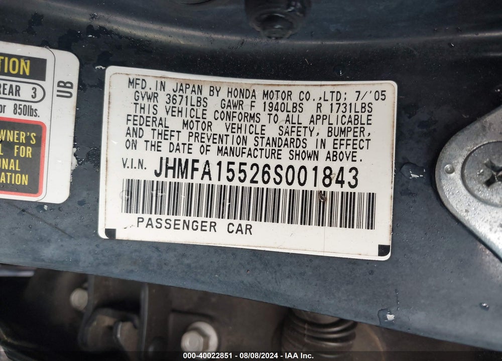2006 HONDA CIVIC LX VIN: JHMFA15526S001843