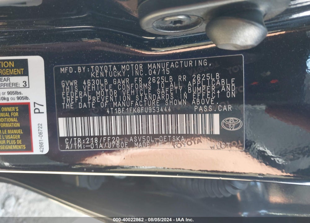 2015 TOYOTA CAMRY SE VIN: 4T1BF1FK6FU953444