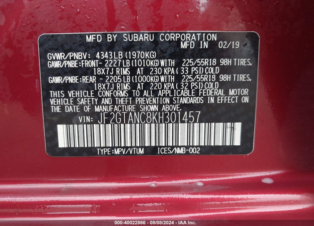 2019 SUBARU CROSSTREK 2.0I LIMITED VIN: JF2GTANC8KH301457