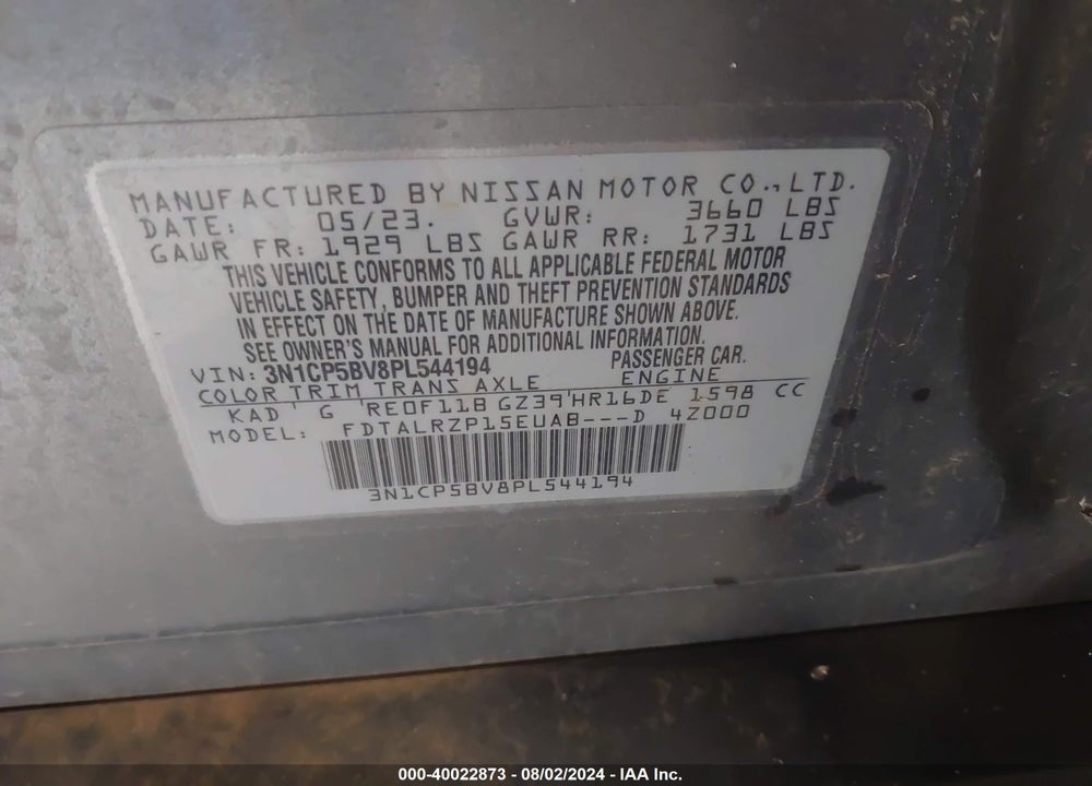 2023 NISSAN KICKS S XTRONIC CVT VIN: 3N1CP5BV8PL544194