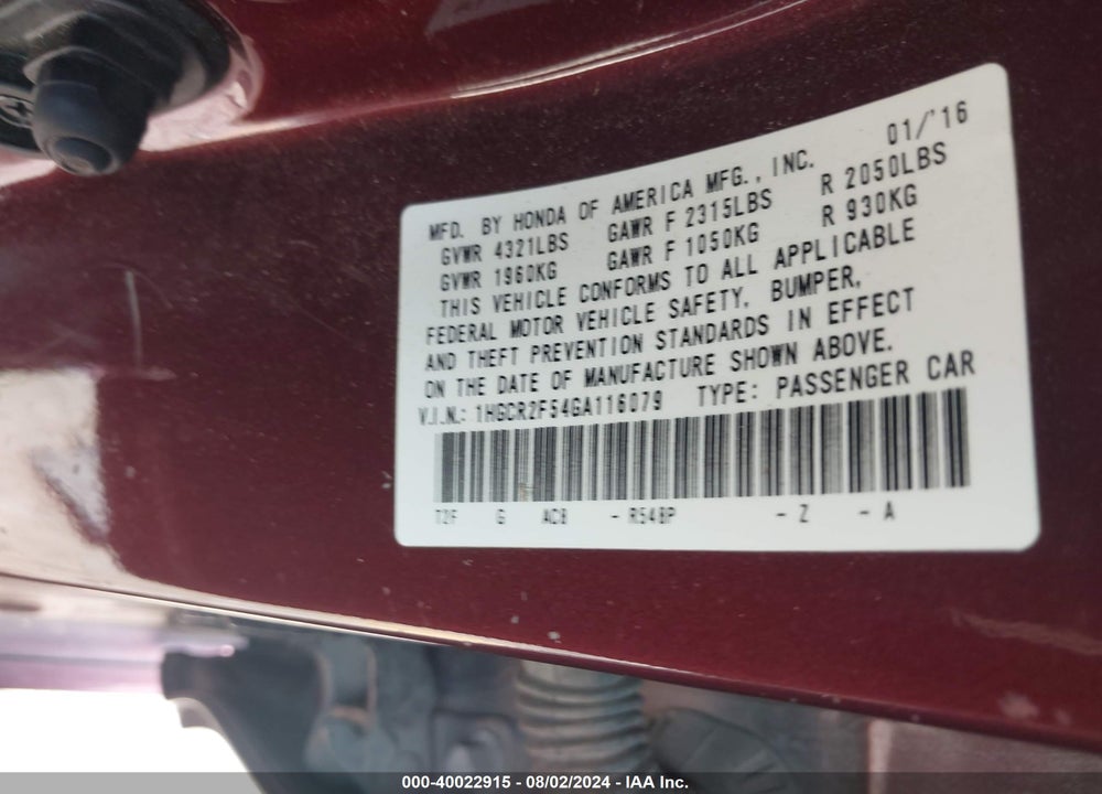 2016 HONDA ACCORD SPORT VIN: 1HGCR2F54GA116079