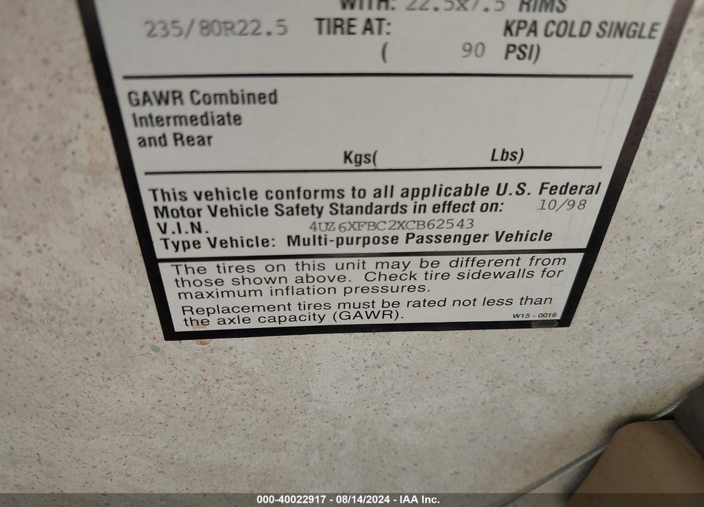 1999 BOUNDER CHASSIS VIN: 4UZ6XFBC2XCB62543