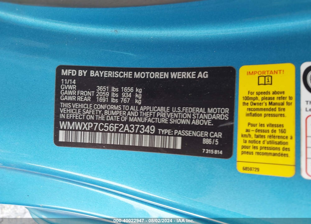 2015 MINI HARDTOP COOPER S VIN: WMWXP7C56F2A37349