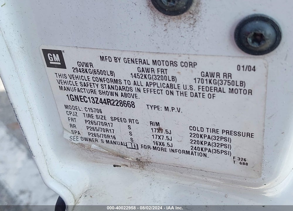 2004 CHEVROLET TAHOE LS VIN: 1GNEC13Z44R228668