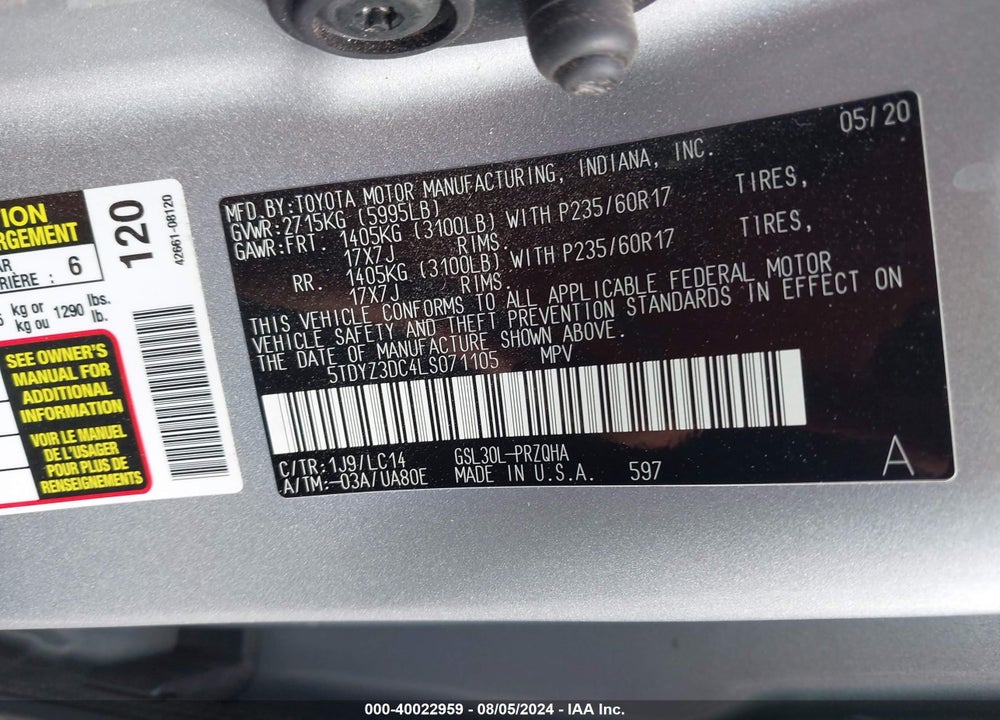 2020 TOYOTA SIENNA VIN: 5TDYZ3DC4LS071105