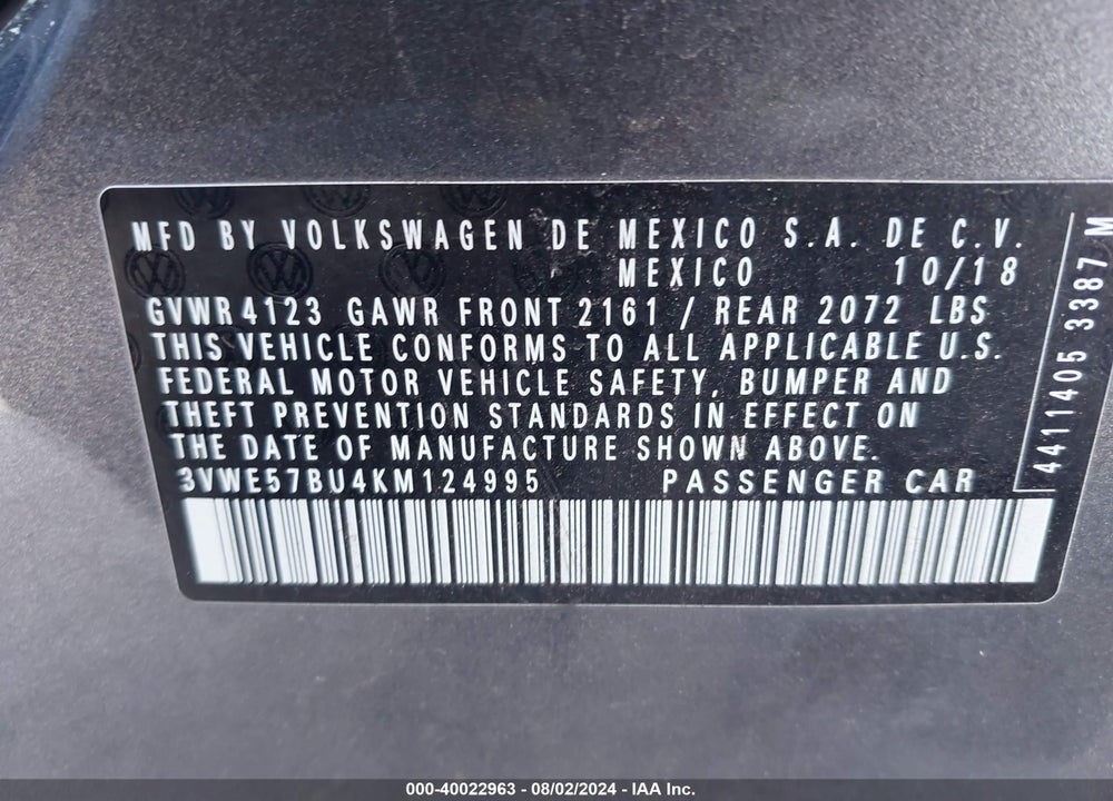 2019 VOLKSWAGEN JETTA 1.4T SEL VIN: 3VWE57BU4KM124995