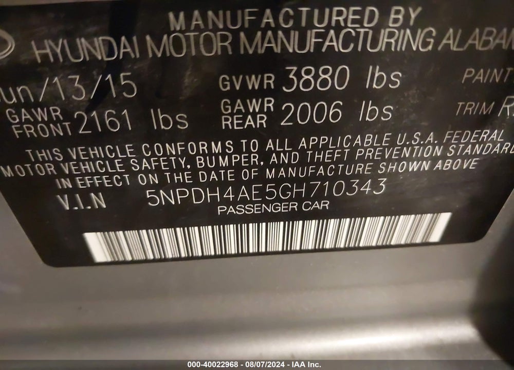 2016 HYUNDAI ELANTRA VIN: 5NPDH4AE5GH710343