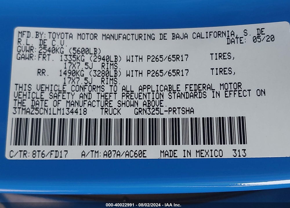 2020 TOYOTA TACOMA TRD SPORT VIN: 3TMAZ5CN1LM134418